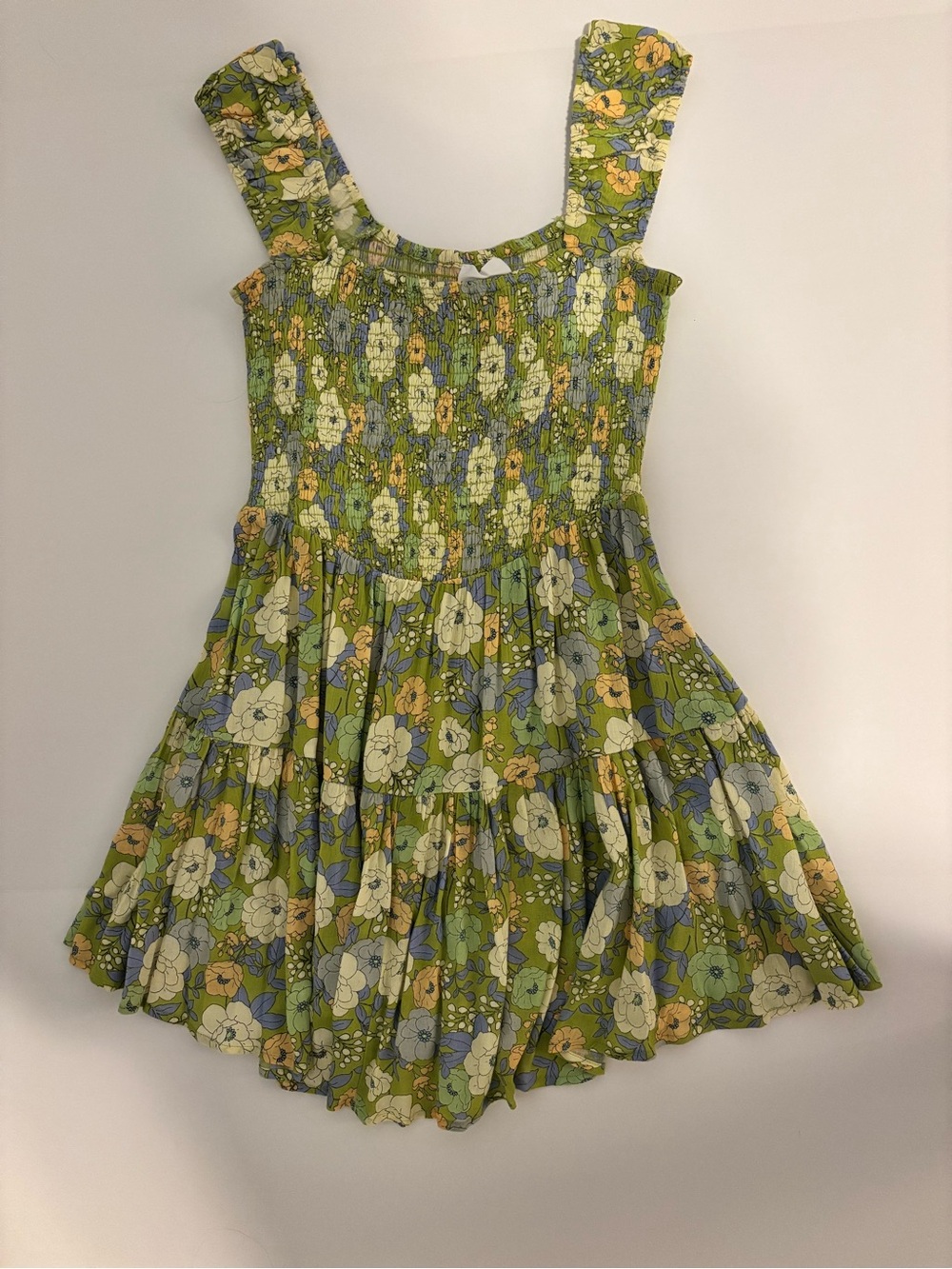 Green Floral Smocked Mini Dress with Wide Straps